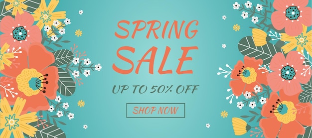 Spring sale banner hello spring spring flowers leaves