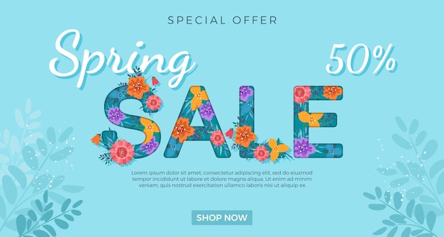 Spring sale banner template with colorful flowers on a blue background Vector illustration