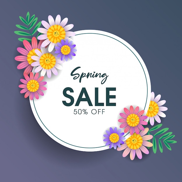 Vector spring sale banner template with colorful flowers