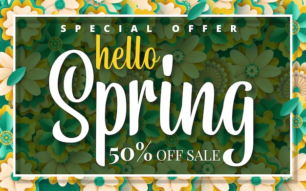 Vector spring sale banner template with paper cut frame