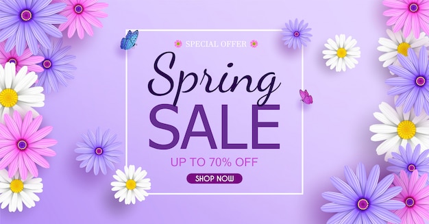 Spring sale banner with beautiful colorful flowers are blooming.