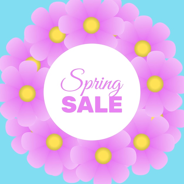 Spring sale banner with beautiful purple flowers Blue backround with round shape with space for text