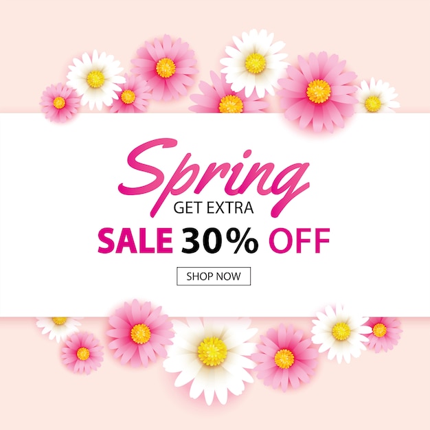 Spring sale banner with blooming flowers background template