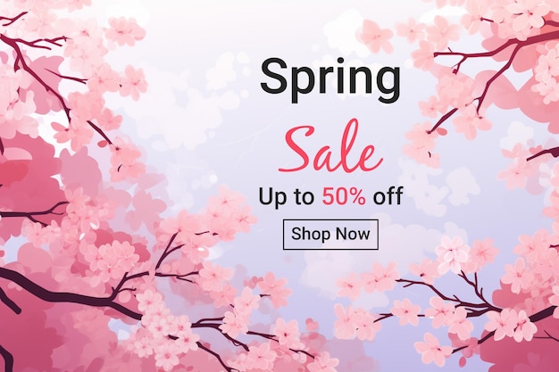 Vector spring sale banner with cherry blossom background