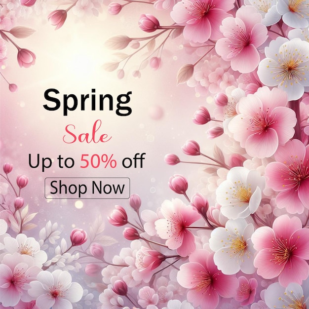 Spring sale banner with cherry blossom background