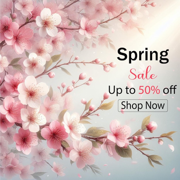 Spring sale banner with cherry blossom background