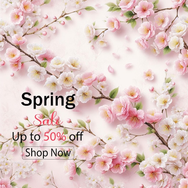 Spring sale banner with cherry blossom background