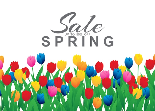 Spring sale banner with colorful tulip flowers