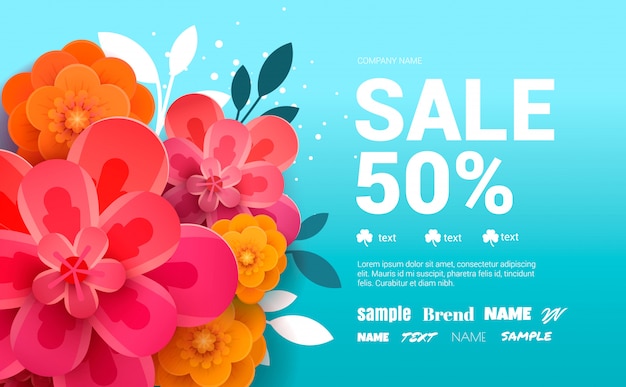 Vector spring sale banner with flowers amd leaves.