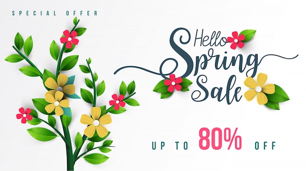 Spring Sale Banner with green leaf