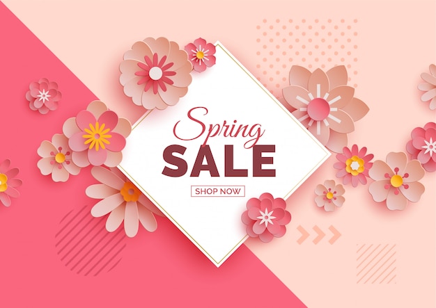 Vector spring sale banner with paper flowers