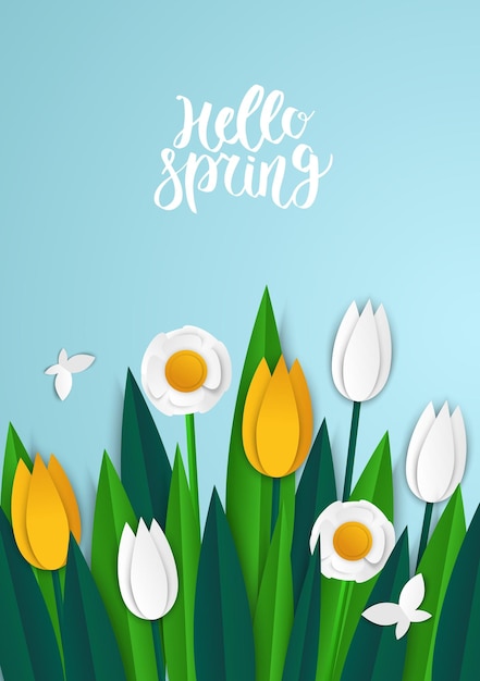 Spring sale banner with paper with tulips and daffodils Banner perfect for promotions magazines advertising web sites Vector illustration