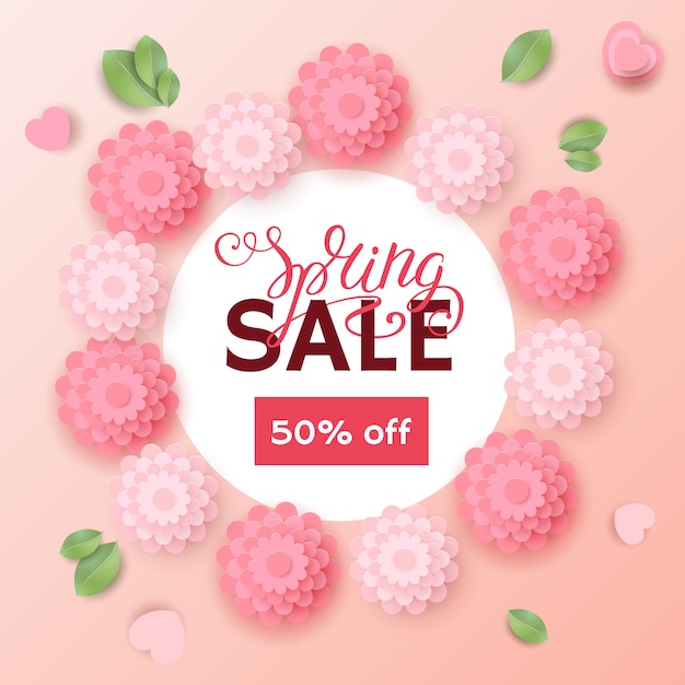 Spring sale banner with typographic calligraphic lettering text with colorful paper flowers. sale 50% off background.