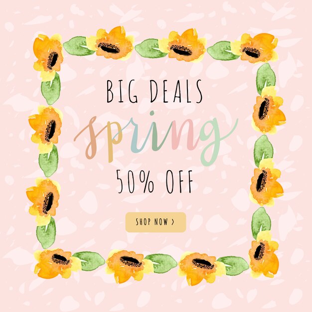 Vector spring sale banner with yellow watercolor floral frame