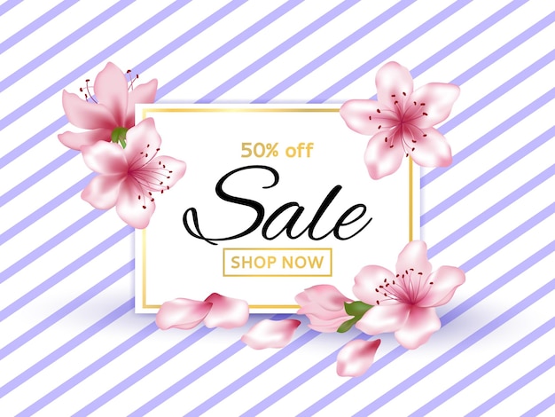 Spring sale black and cherry text in rectangular frame Pink flower blossom petals diagonal stripes