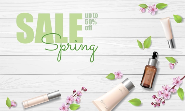 Vettore modello di annuncio cosmetico organico fiore di ciliegio in vendita primavera. skincare essence pink spring promo offer flower 3d realistic