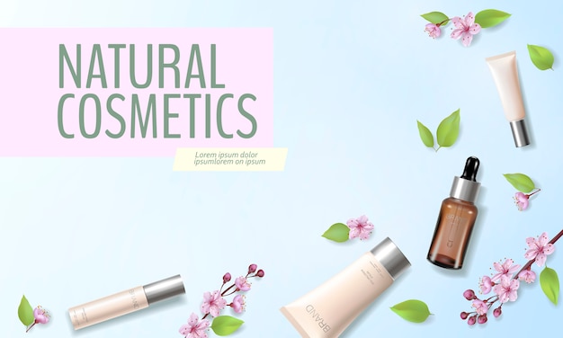 Vector spring sale cherry blossom organic cosmetic ad template. skincare essence pink spring promo offer flower
