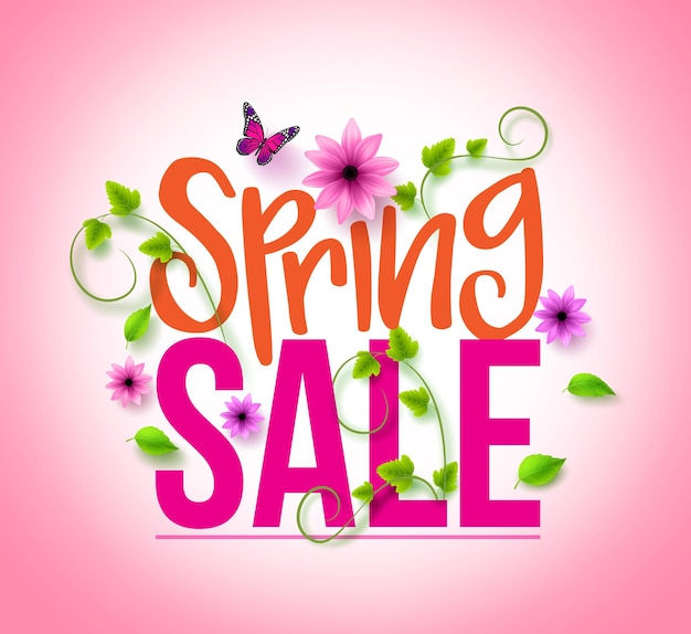 Spring Sale Design with Colorful Flowers, Vines and Leaves with Flying Butterflies in Background.