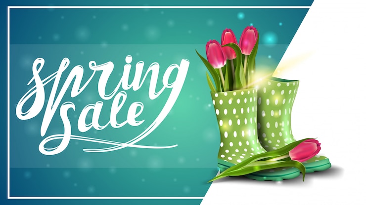 Vector spring sale, discount banner template with tulips in women's rubber boots