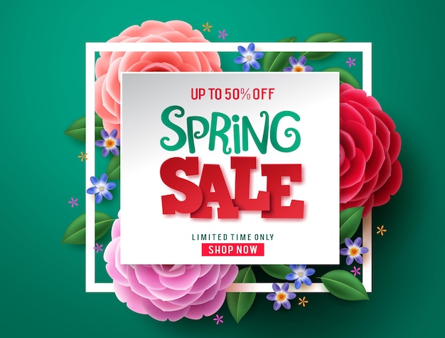Spring sale flowers vector design. Spring sale discount text and colorful camellia flowers.