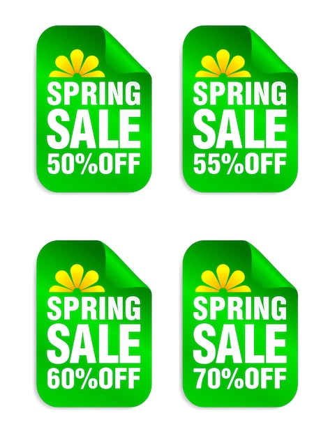 Spring sale green stickers set Sale 50 55 60 70 percent off Vector illustration