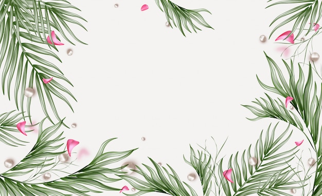 Spring sale horizontal banner with green leaves, flying pink petals.