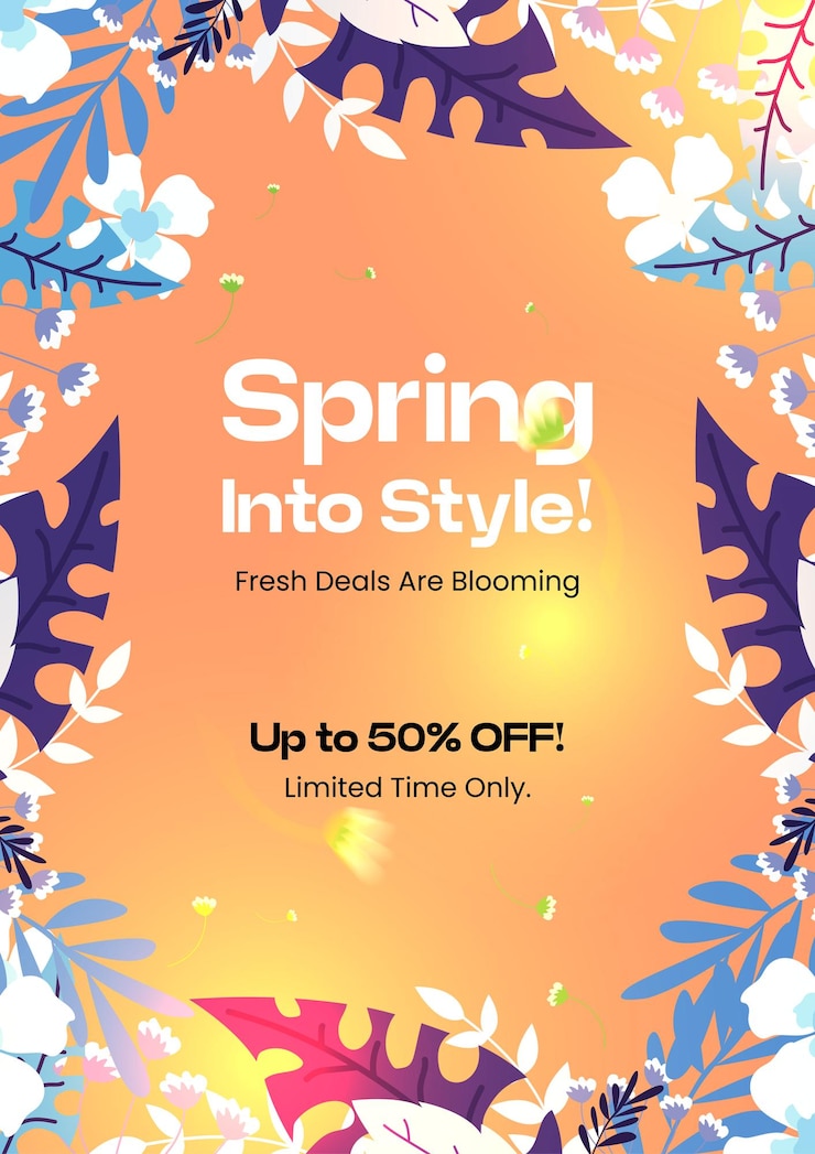 Vector spring sale illustration with tropical leaves background spring flyer