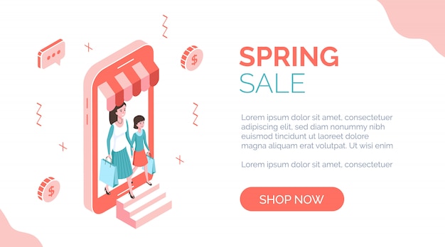 Spring sale isometric banner with people