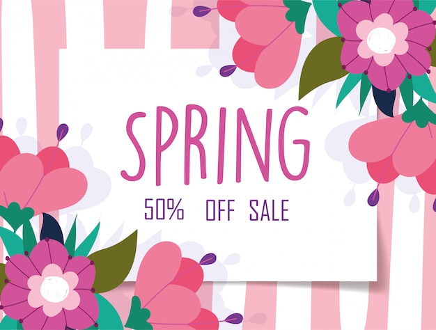 Spring sale, off discount marketing flowers striped background banner