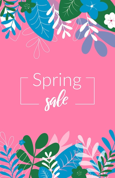 Vector spring sale pink poster with floral leaves