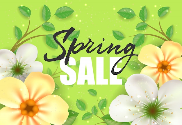 Spring sale poster design with blooming twigs and yellow flowers