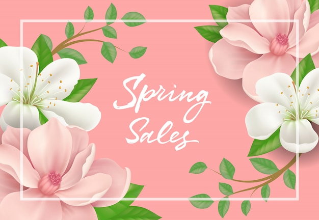 Spring sale poster design with frame, blossoms and twigs on pink background