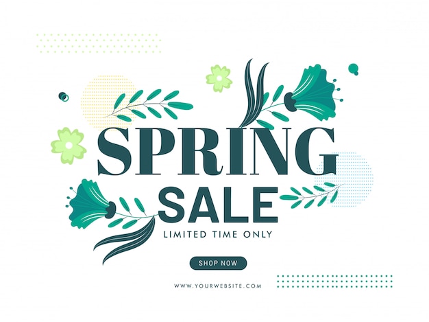 Vector spring sale poster design with green flowers and leaves on white background.