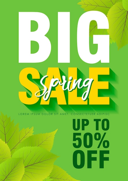 Modello del manifesto di vendita di primavera con foglie e testo big sale in sfondo verde. illustrazione vettoriale.