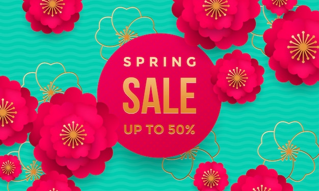 Spring sale shop poster or web banner flower pattern and golden text template for springtime seasonal discount store and promo offer template