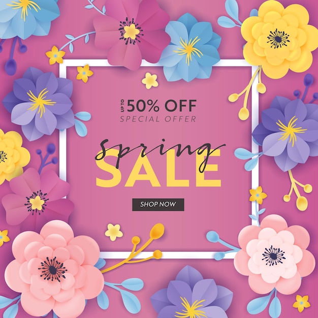 Banner di offerta speciale di vendita di primavera con fiori recisi di carta. volantino, brochure, buono acquisto per la promozione stagionale di design floreale. illustrazione vettoriale