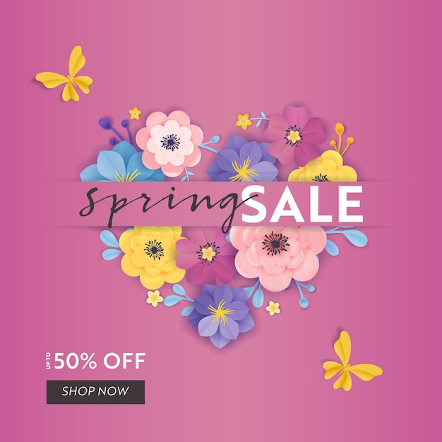 Spring sale special offer banner with paper cut flowers. floral design seasonal promotion discount flyer, brochure, shopping voucher. vector illustration