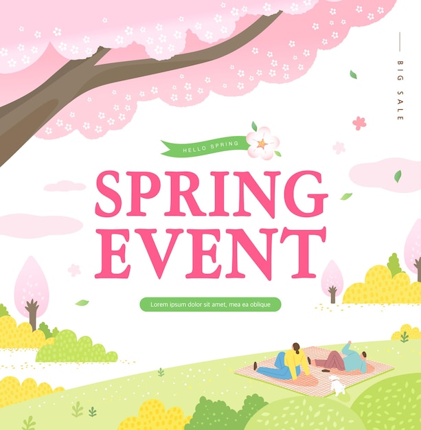 Spring sale template with beautiful flower Vector illustration Korean Translation spring shopping