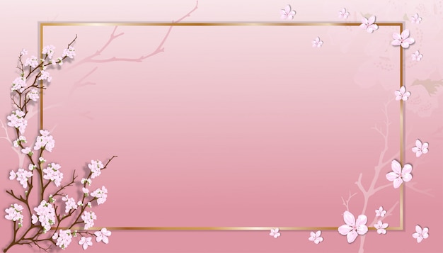 Spring sale template with Cherry blossoming branches with golden frame on pink pastel background.