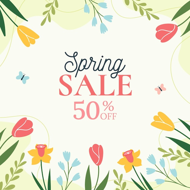 Spring sale trendy floral green background minimalistic style with floral elements vector template