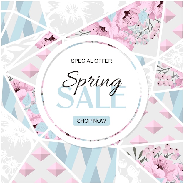 Spring sale vector banner design with flowers and frame. pink roses on marble background.