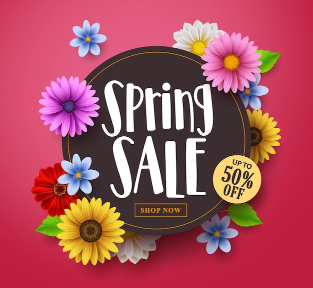 Spring sale vector banner design with sale text, colorful daisy and sunflower elements.