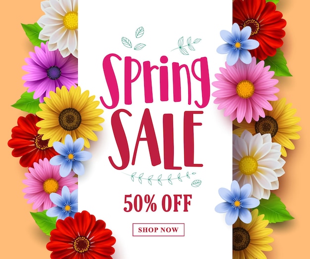 Spring sale vector banner design with sale text in white empty space and various colorful flowers.