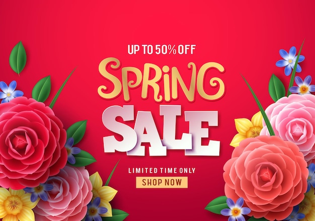 Spring sale vector banner. spring sale text with colorful camellia flowers and crocus flower.