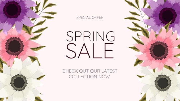 Vector spring sale web banner. multicolor editable floral frame background