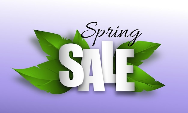 Spring sale with green leaves on lilac background vector illustration