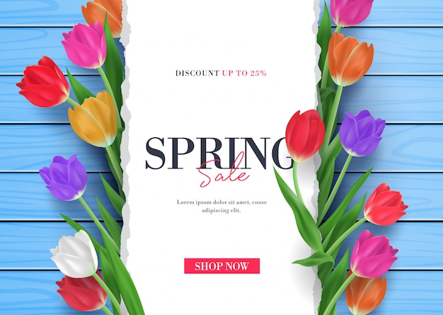 Spring sale with tulips flower 3d frame  illustration