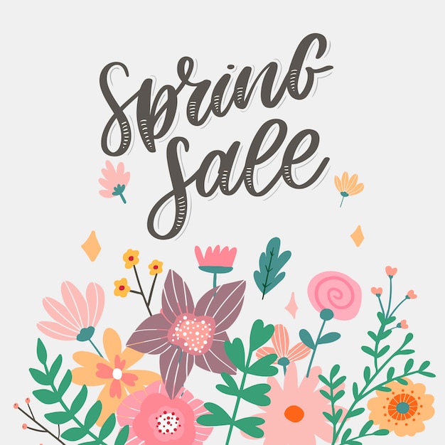 Vector spring sale word hanging on leaves with strings.   illustration flowers