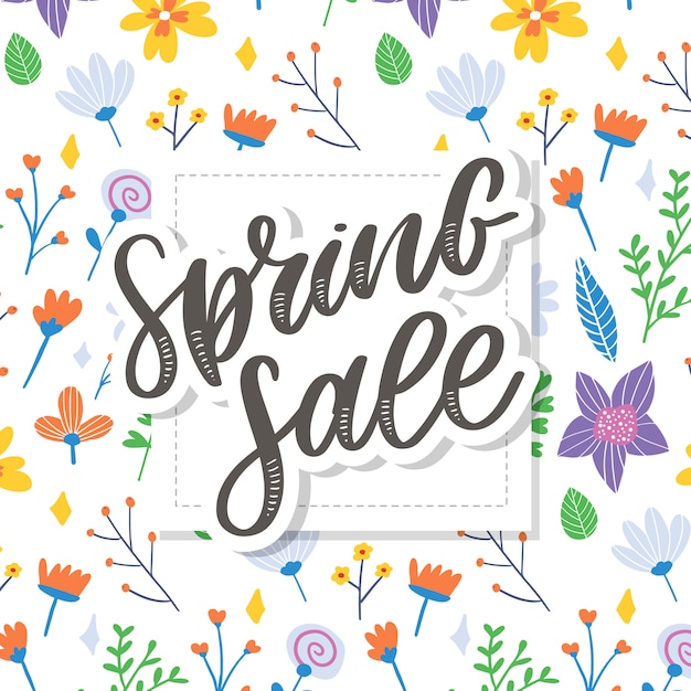 Vector spring sale word hanging on leaves with strings.