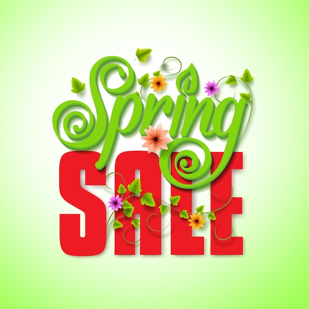 Vector spring sale word for seasonal promotion with flying leaves and flowers decoration.